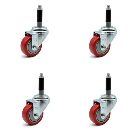 3 Inch Red Polyurethane Wheel Swivel 3/4 Inch Expanding Stem Caster Set SCC